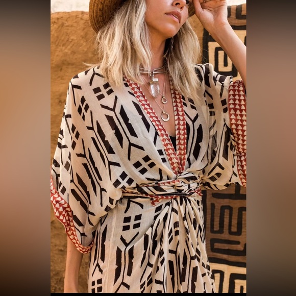 (Last 3 )🌴Aztec tan/black geometric print chiffon kimono robe beach cover up - Picture 5 of 5